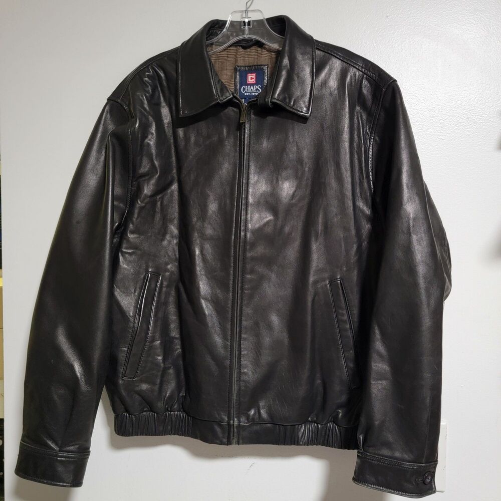 Chaps Men’s Black Genuine Leather Jacket Size M Full Zip Plaid Lined Classic